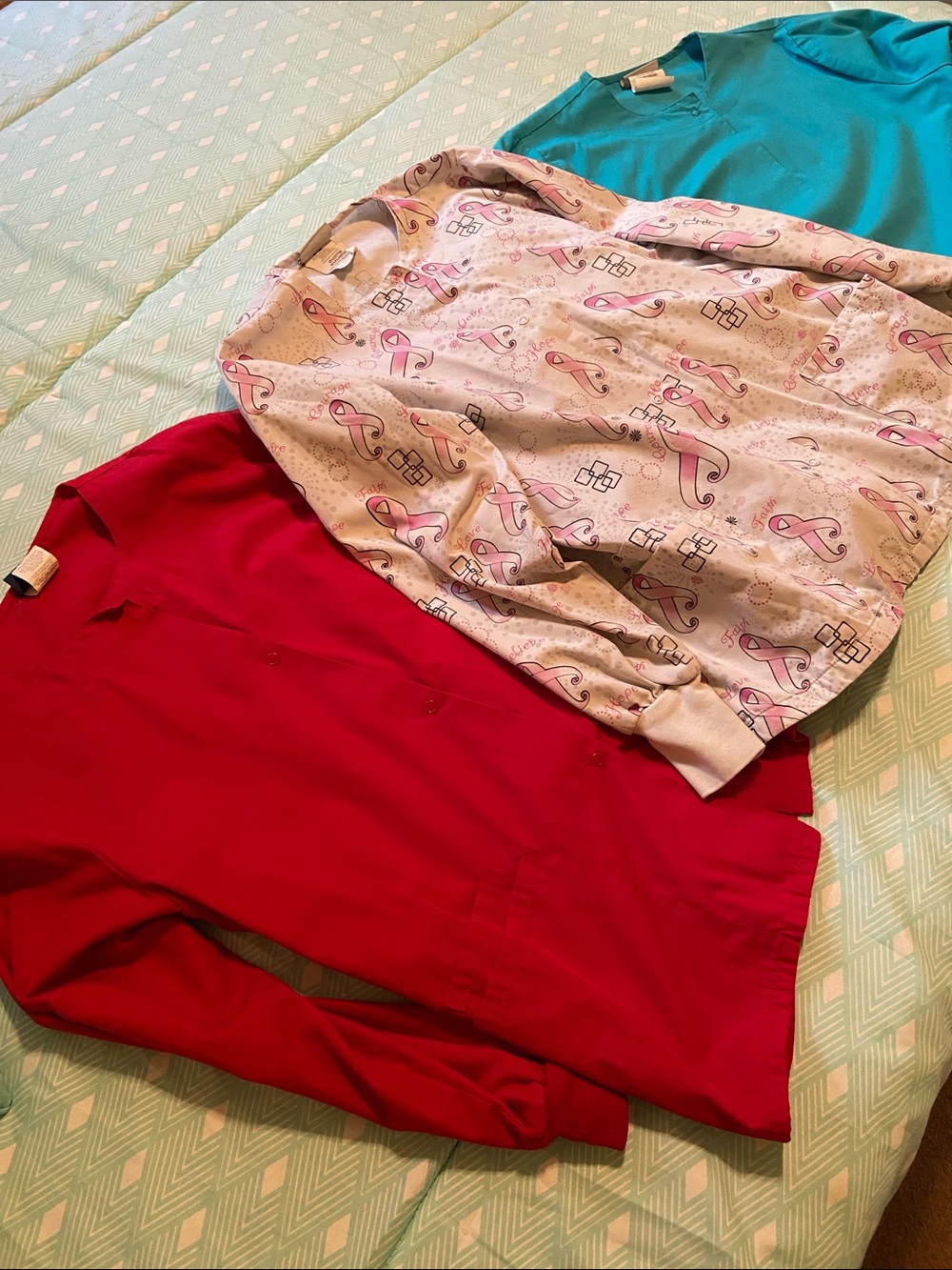 UA Scrubs Women’s Button Down Tops - Red, Pink Ribbon Print, Teal